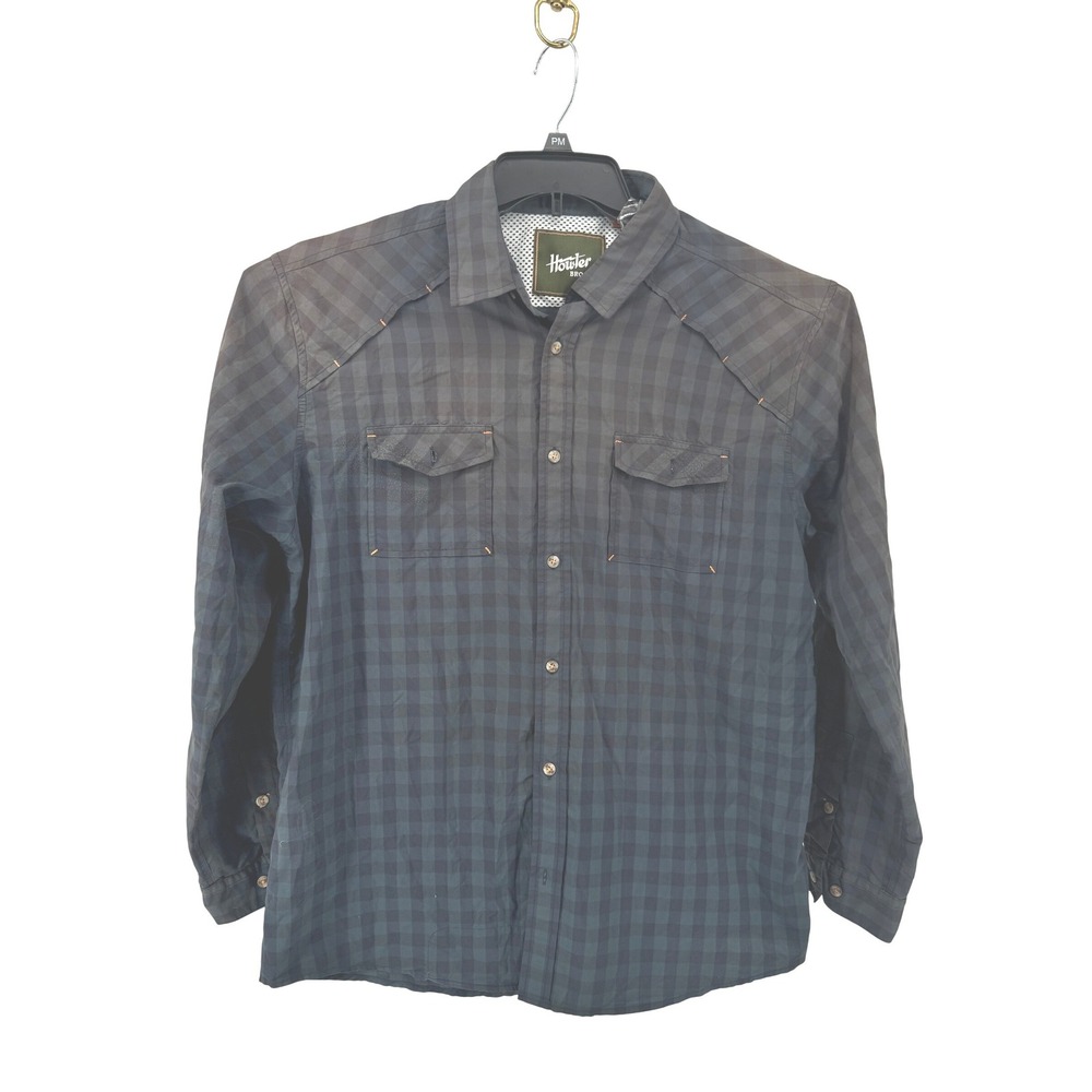 Howler Bros Chambray Shirt Large Blue Tan Mens Long Sleeve Plaid Snap Button